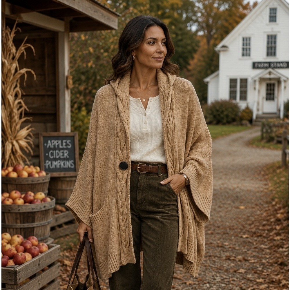 UGG Australia Cable Knit Hooded Poncho Cardigan Camel Tan M/L Oversized Wrap